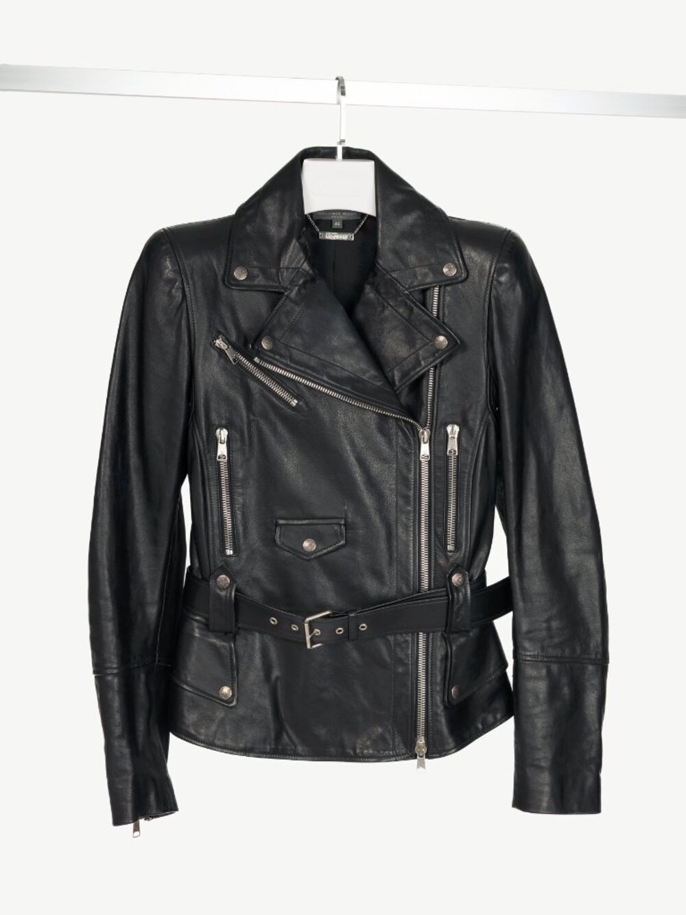 Alexander McQueen Black Leather Belted Peplum Moto Jacket